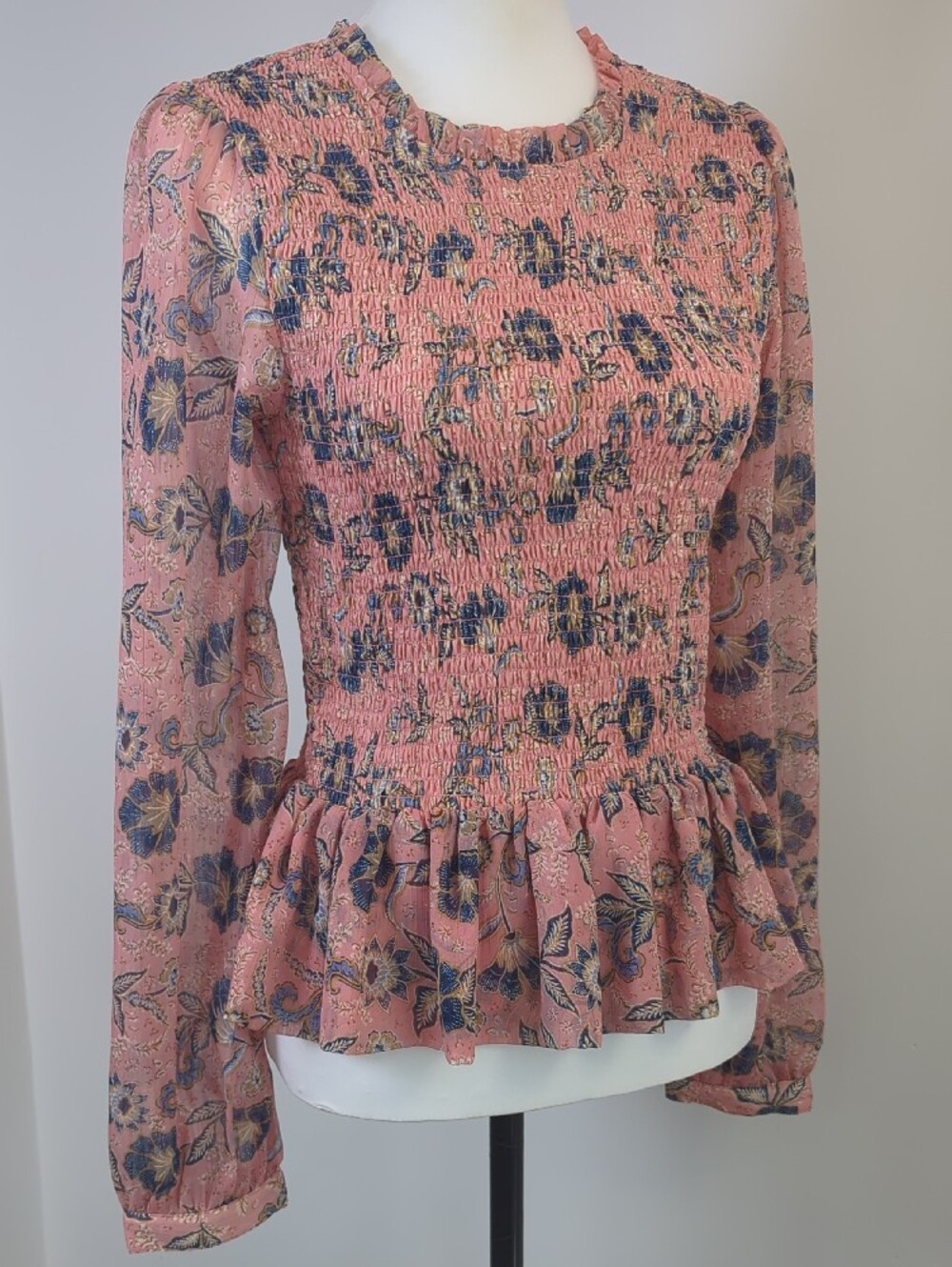 Patrons of Peace Boho Smocked Peplum Floral Blouse Pink Blue Cottagecore LARGE - Picture 4 of 13